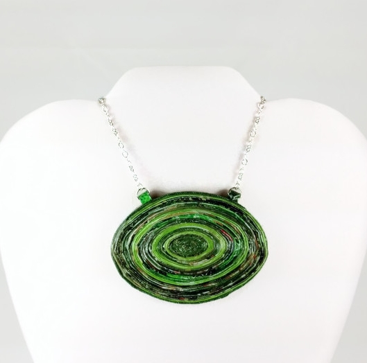 upcycled green paper necklace oversize handmade